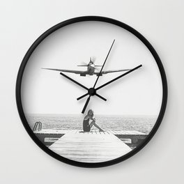 Steady As She Goes; aircraft coming in for an island landing black and white photography- photographs Wall Clock