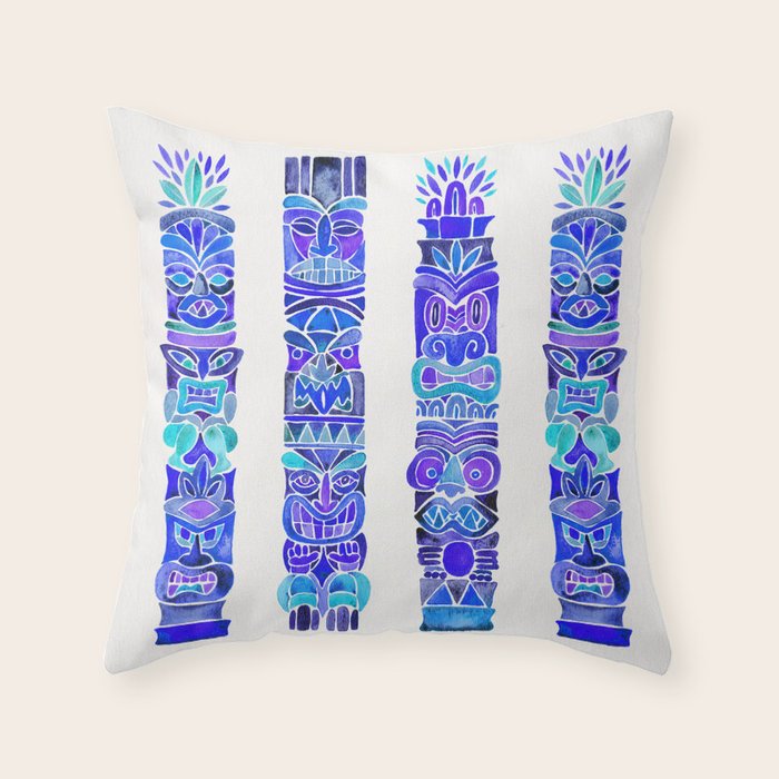 Tiki Totems Indigo Palette Throw Pillow by Cat Coquillette Society6