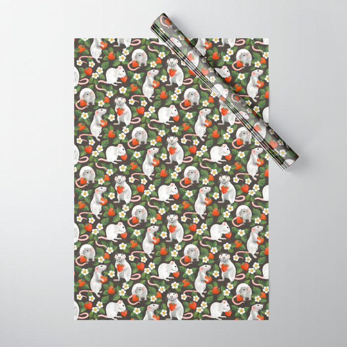 Rats Love Strawberries on vintage dark brown Wrapping Paper by micklyn