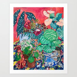 Jungle of Houseplants and Flowers on Bright Coral Pink with Wild Cats Art Print