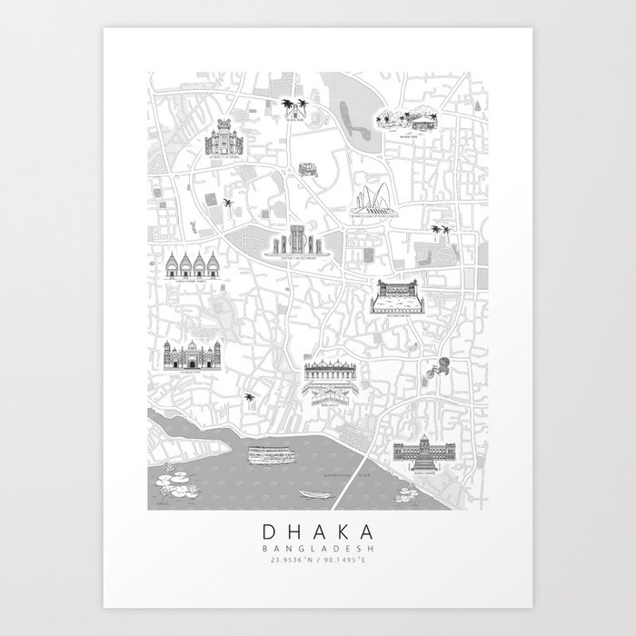 Dhaka Bangladesh Map with Landmarks Art Print