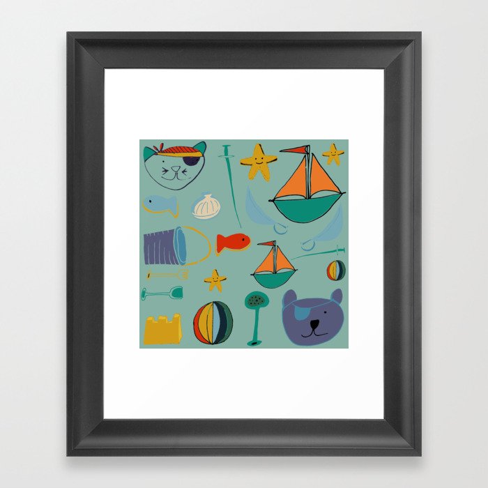 cat and bear at the beach blue green Framed Art Print
