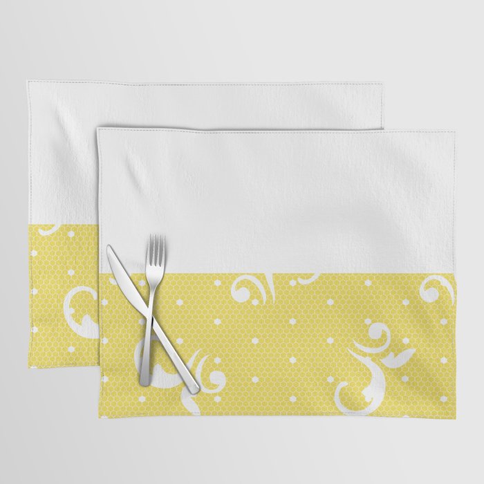 White Floral Curls Lace Horizontal Split on Sunshine Yellow Placemat