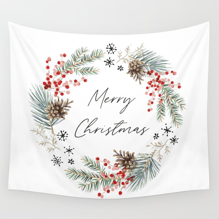 Christmas wreath with cones, snowflakes and berries Wall Tapestry