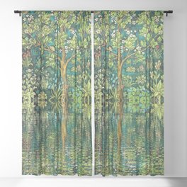 Tree of Life reflecting water of garden lily pond emerald twilight rainforest river nature landscape painting Sheer Curtain