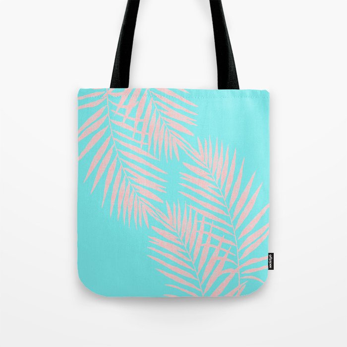 Abstract modern pink Tropical Exotic Palm Leaves on aqua Tote Bag