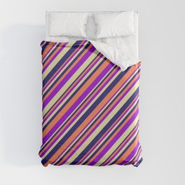 [ Thumbnail: Coral, Dark Violet, Pale Goldenrod, and Midnight Blue Colored Lined/Striped Pattern Duvet Cover ]