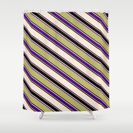 [ Thumbnail: Beige, Indigo, Dark Khaki, and Black Colored Striped/Lined Pattern Shower Curtain ]