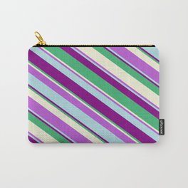 [ Thumbnail: Eye-catching Orchid, Powder Blue, Purple, Sea Green & Beige Colored Stripes/Lines Pattern Carry-All Pouch ]