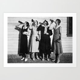 Women Beer Drinkers, Black and White Vintage Art Art Print