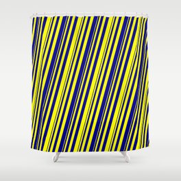 [ Thumbnail: Yellow and Dark Blue Colored Striped Pattern Shower Curtain ]
