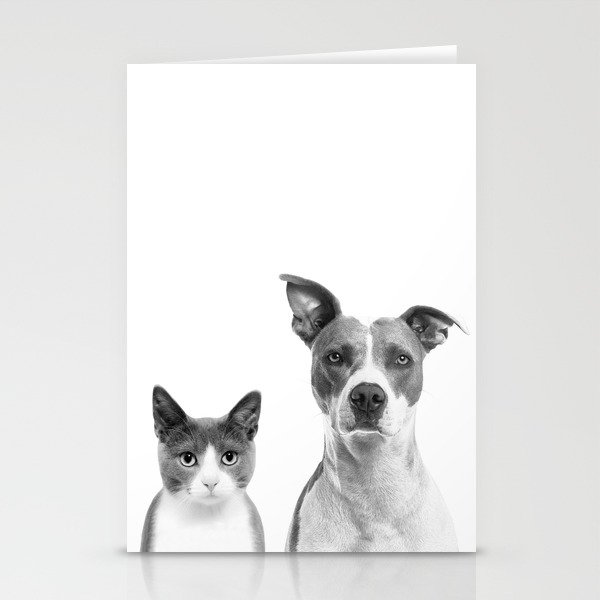 Cute Kitty Cat And Puppy Portrait Art Print, Cat And Dog Animal Nursery, Baby Animals Wall Art Decor Stationery Cards