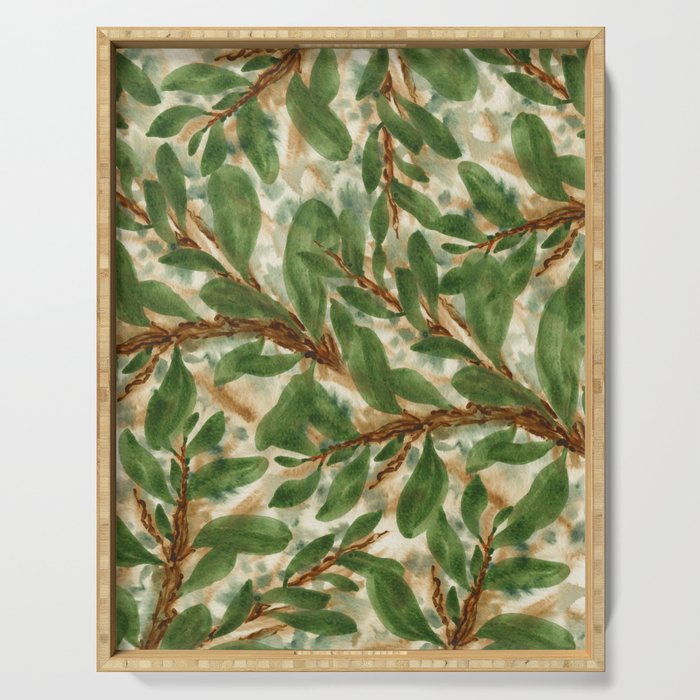 Watercolor abstract green and earthy leaves Serving Tray