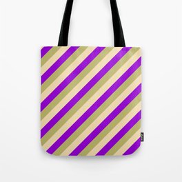 [ Thumbnail: Dark Khaki, Tan, and Dark Violet Colored Striped Pattern Tote Bag ]
