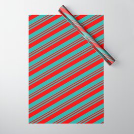 [ Thumbnail: Red and Light Sea Green Colored Stripes/Lines Pattern Wrapping Paper ]