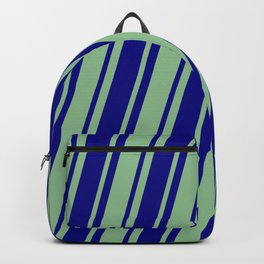 [ Thumbnail: Dark Sea Green & Blue Colored Striped/Lined Pattern Backpack ]