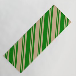 [ Thumbnail: Tan and Green Colored Lined Pattern Yoga Mat ]