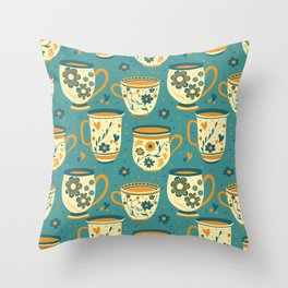 Vintage Tea Party Energetic Floral Fusion - Teal Throw Pillow