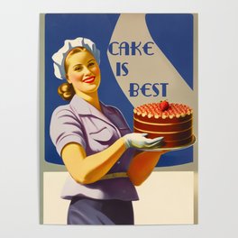 A beautiful smiling female pastry chef holding a chocolate layer cake with strawberry on top a vintage and nostalgic Poster