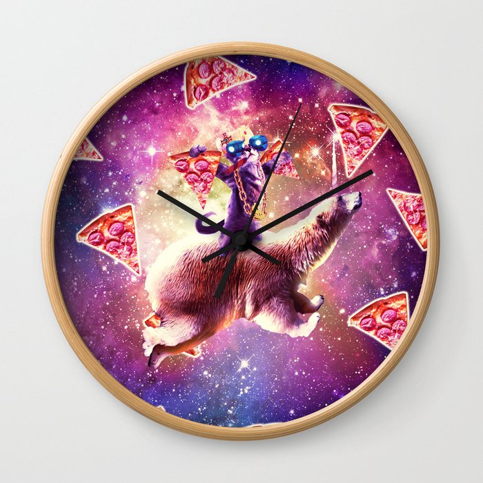 Thug Space Cat On Polar Bear Unicorn - Pizza Wall Clock