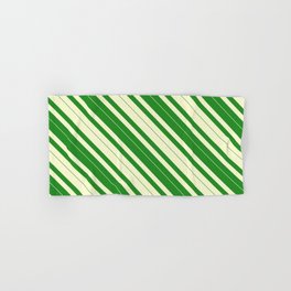 [ Thumbnail: Light Yellow & Forest Green Colored Lined/Striped Pattern Hand & Bath Towel ]