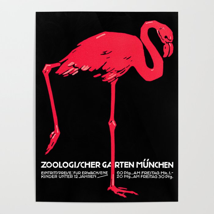 Vintage Pink flamingo Munich Zoo travel ad Poster