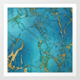 Turquoise Gold Metallic Marble Stone Art Print