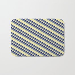 [ Thumbnail: Slate Gray, Pale Goldenrod & Midnight Blue Colored Striped/Lined Pattern Bath Mat ]