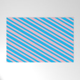 [ Thumbnail: Pink and Deep Sky Blue Colored Striped Pattern Welcome Mat ]