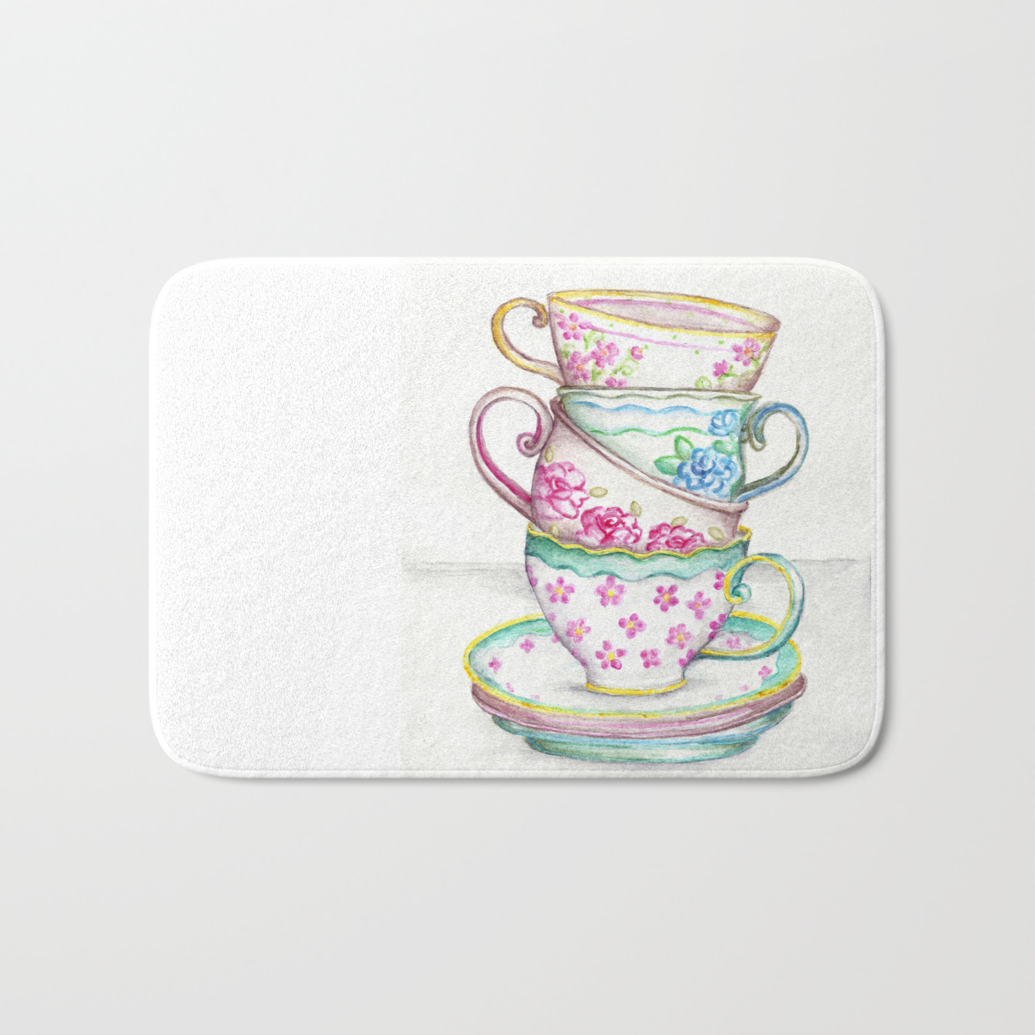 Tea Cup Art Kitchen Watercolor Painting Drawing Bath Mat By