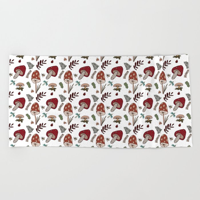 Storybook Mushrooms and Toadstools Pattern - classic red, green, with white background Beach Towel
