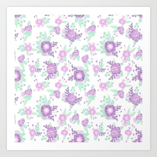 Floral pattern minimal painted nursery mint and purple pastel decor florals Art Print