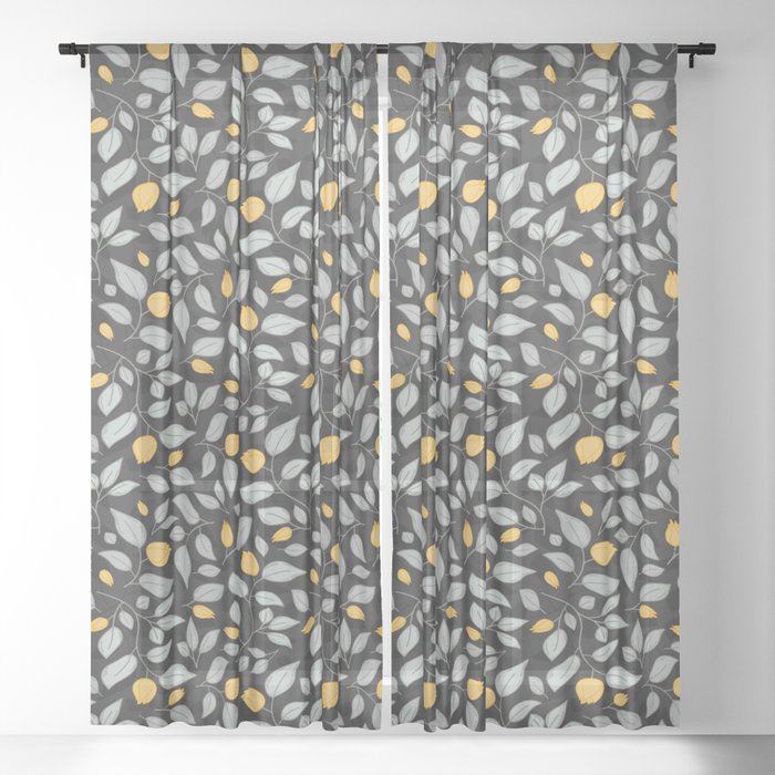 Yellow tulips pattern on a black background Sheer Curtain