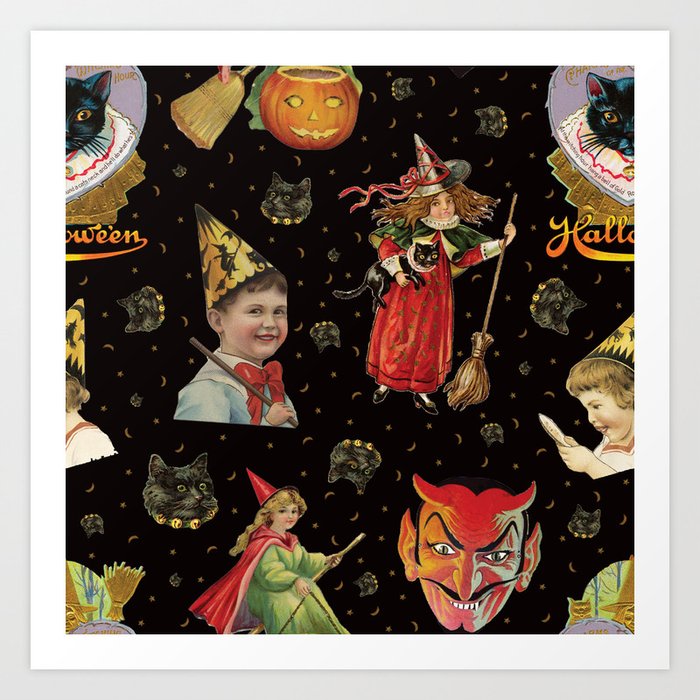 Vintage Halloween Party in Black Cat + Gold Celestial Art Print by elliottdesignfactory