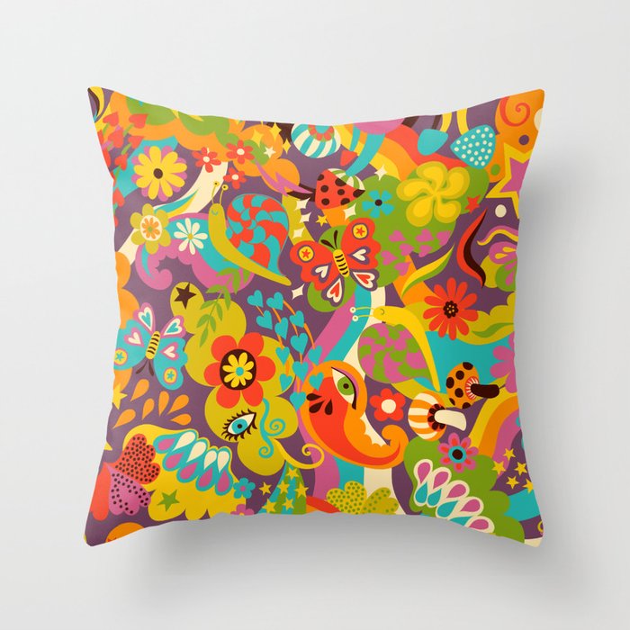 1970s Disco Psychedelia - Funky pattern with toadstools, snails and stars by Cecca Designs Throw Pillow