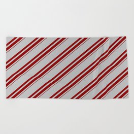 [ Thumbnail: Grey and Dark Red Colored Lined Pattern Beach Towel ]