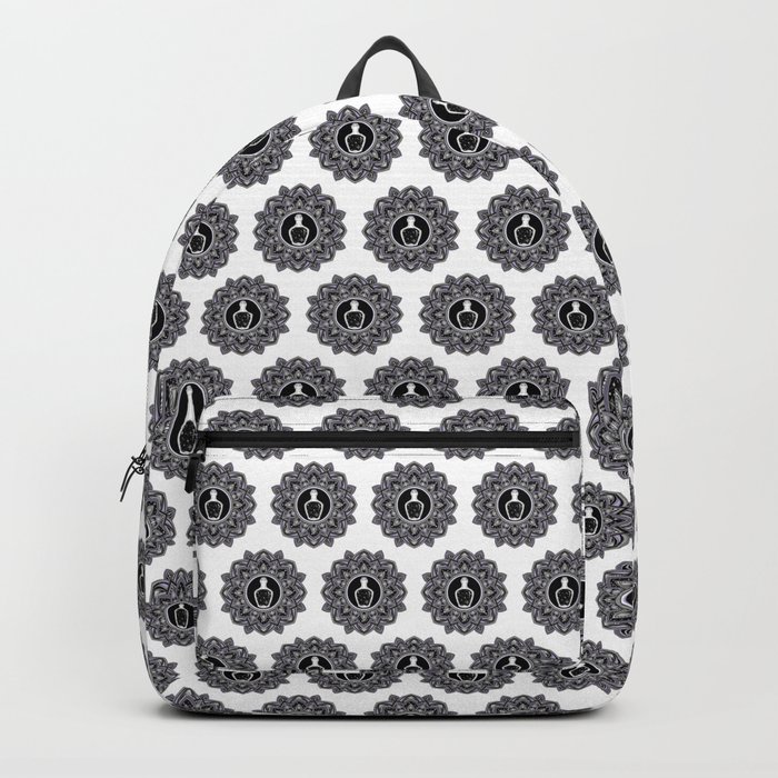 Black and white mandala bottle with stars and purple patterns Backpack