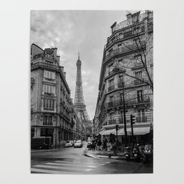 Paris streets and the Eiffel Tower Black and white Poster