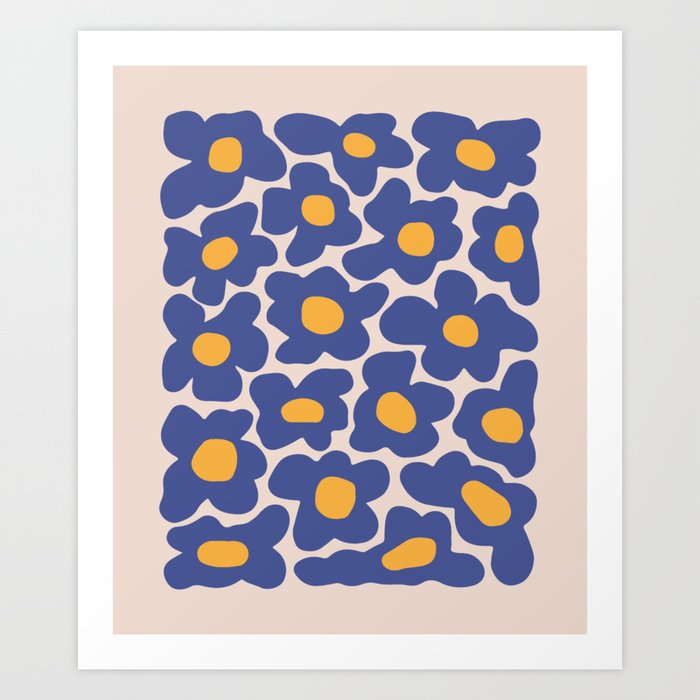 Groovy Flowers Retro Pop Culture Pattern Blue and Orange Art Print