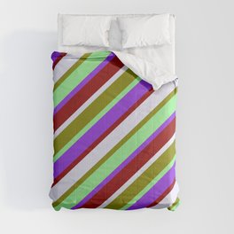 [ Thumbnail: Vibrant Light Green, Purple, Dark Red, Lavender, and Green Colored Lined/Striped Pattern Comforter ]