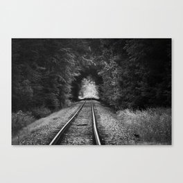 Don't go riding on the long black train; lonely railroad tracks through natural tunnel of leafy trees black and white photograph - photography - photographs Canvas Print