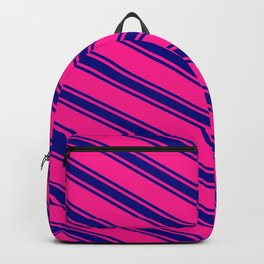 [ Thumbnail: Deep Pink and Blue Colored Striped/Lined Pattern Backpack ]