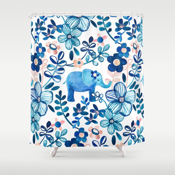 Blush Pink, White and Blue Elephant and Floral Watercolor Pattern Shower Curtain