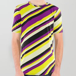 [ Thumbnail: Purple, Yellow, Light Yellow & Black Colored Lines/Stripes Pattern All Over Graphic Tee ]