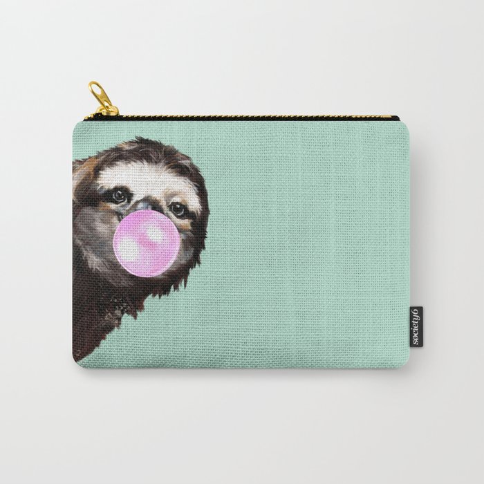 Bubble Gum Sneaky Sloth in Green Carry-All Pouch