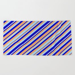 [ Thumbnail: Brown, Light Blue, and Blue Colored Lines Pattern Beach Towel ]