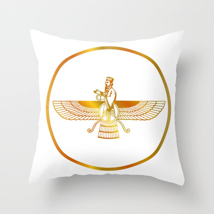 Prophet Zarathustra, Zarathushtra Spitama, or Ashu Zarathushtra- symbols of Zoroastrianism Farvahar Throw Pillow