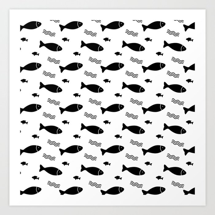 Fish icon seamless pattern wallpaper background. Sea design. Ocean repeated  pattern. Black fish on white background. Nautical illustration Art Print by  artplace