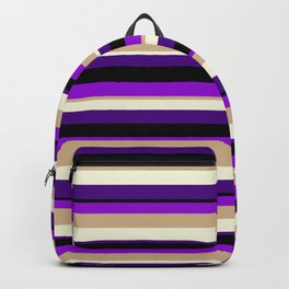 [ Thumbnail: Colorful Black, Dark Violet, Tan, Beige, and Indigo Colored Lined/Striped Pattern Backpack ]