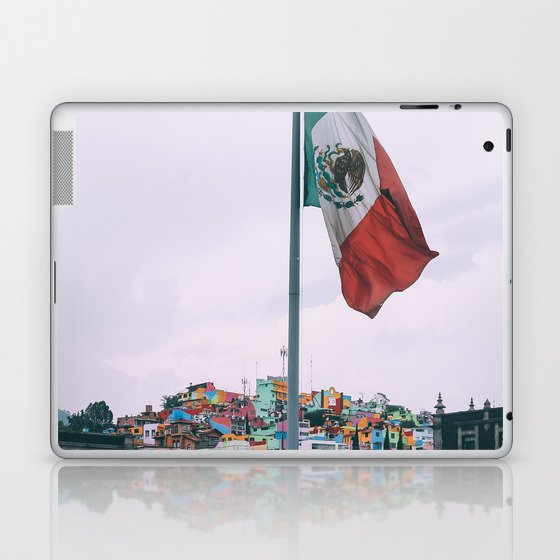 Mexico Photography - The Mexican Flag In Front Of A Colorful City Laptop & iPad Skin